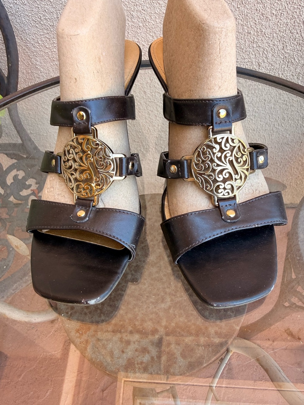 Women’s Brown Dress Sandals with Gold Medallion
